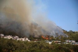 Wildfires rage Cokertme village, near Bodrum, Mugla, Turkey, Tuesday, Aug. 3, 2021. (AP Photo/Emre Tazegul)