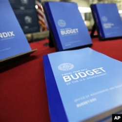 The newly published 2012 budget documents on display at the U.S. Government Printing Office at Washington, February 10, 2011