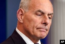 White House Chief of Staff John Kelly speaks to the media during the daily briefing on Thursday, Oct. 19, 2017. (AP Photo/Pablo Martinez Monsivais)