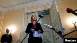 The European Union's foreign policy chief Federica Mogherini addresses to media after the meeting of the Quartet of Middle East peace mediators during the 51st Munich Security Conference at the 'Bayerischer Hof' hotel in Munich February 8, 2015. The Quart