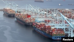 FILE PHOTO: Shipping containers are unloaded from ships at a container terminal at the Port of Long Beach-Port of Los Angeles complex, amid the coronavirus disease (COVID-19) pandemic, in Los Angeles, California, U.S., April 7, 2021. REUTERS/Lucy Nicholso