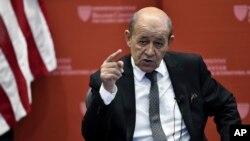 Le ministre français des Affaires étrangères, Jean-Yves Le Drian, à la Kennedy School of Government de l'Université Harvard, Etats-Unis, le 28 septembre 2018.