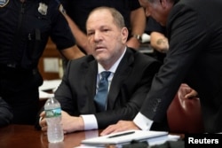 FILE - Film producer Harvey Weinstein sits during his hearing at Manhattan Criminal Court in New York, Oct. 11, 2018.