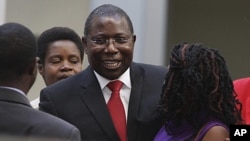 Energy and Power Development Minister Elton Mangoma (center) smiles with relatives at the High Court in Harare, June 28, 2011.