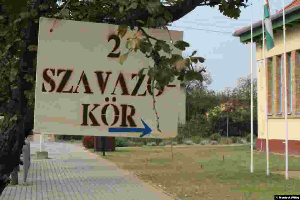 &ldquo;Voting District 2&rdquo; reads this sign near the Serbia border in Hungary, Oct. 2, 2016.