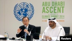 FILE: Then-U.N. Secretary General Ban Ki-moon (L) and United Arab Emirates (UAE) Minister of State Sultan Ahmed Al Jaber (R) attend a news conference on climate change in Abu Dhabi. Taken May 4, 2014.