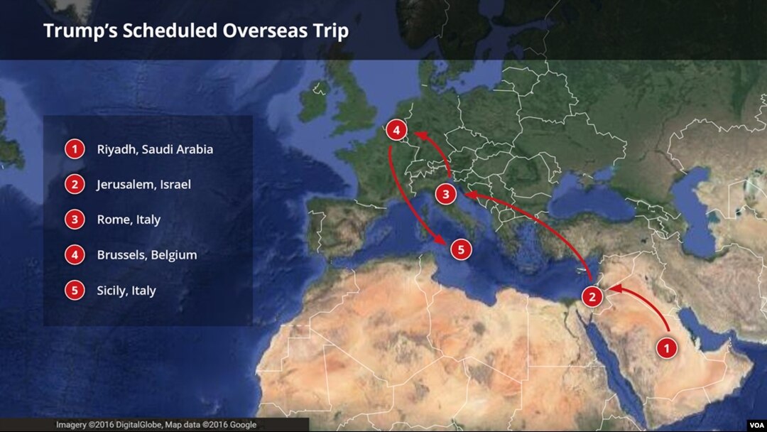 Map of countries President Donald Trump will visit during his first overseas trip