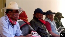 Masked members of the Purepecha Indian community guard unit, from the town of Los Reyes in Michoacan, Mexico, July 29, 2013.