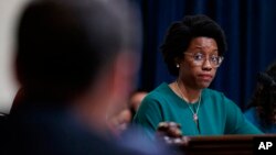 House Homeland Security Committee member Rep. Lauren Underwood, D-Ill., looks to acting Secretary of Homeland Security Kevin McAleenan as he testifies on Capitol Hill in Washington, May 22, 2019.