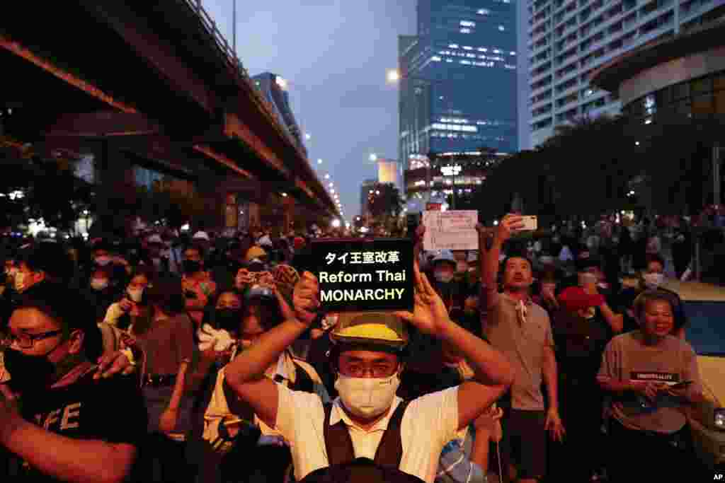 Pro-democracy demonstrators march to the German Embassy in central Bangkok, Thailand, Monday, Oct. 26, 2020. As lawmakers debated in a special session in Parliament that was called to address political tensions, the student-led rallies were set to continu