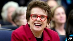 FILE - Tennis great Billie Jean King laughs, reacting to President Barack Obama's remarks in the Eisenhower Executive Office Building on the White House complex in Washington, Jan. 29, 2016.
