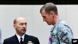 The Supreme Allied Commander Europe (SACEUR) Admiral James Stavridis (L) speaks with US general Stanley Mc Chrystal, the top US commander in Afghanistan (R) before a NATO meeting in Brussels (File)