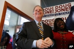 FILE - Democratic senatorial candidate Doug Jones speaks during a campaign rally in Birmingham, Ala., Dec. 10, 2017.