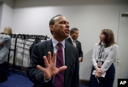 Rep. Luis Gutierrez, D-Ill., who represents a majority Hispanic congressional district in Chicago, speaks to reporters on Capitol Hill in Washington, Feb. 16, 2017.