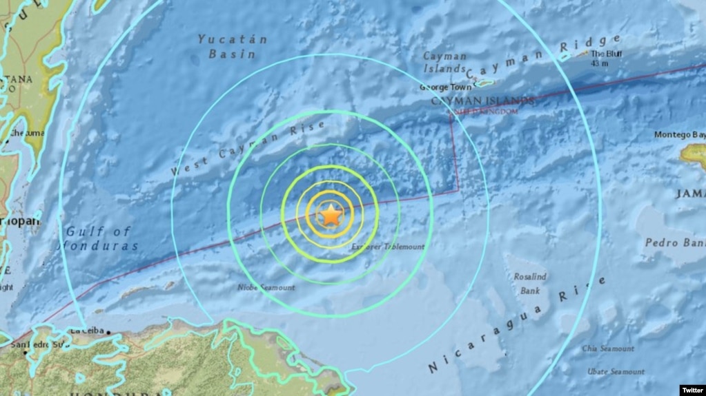 El masivo sismo de 7,6 tuvo su epicentro en el Mar Caribe, entre Honduras y Cuba. Imagen: @USGS.