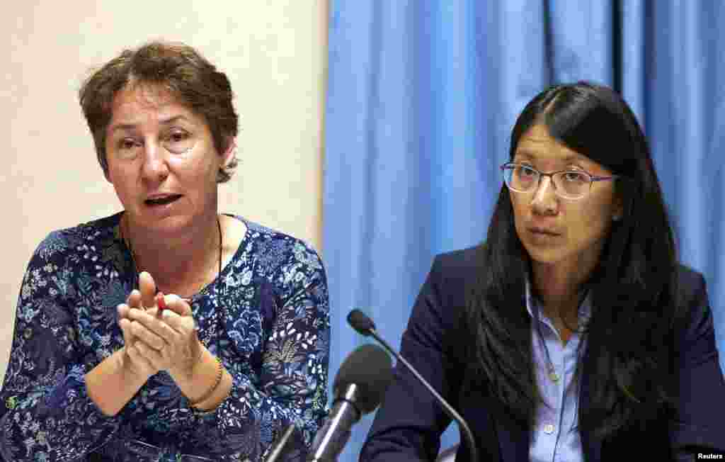 Francoise Saulnier, Medecins Sans Frontieres (MSF) legal counsel, gestures next to Joanne Liu, President of MSF International, during a news conference in Geneva, Oct. 7, 2015.