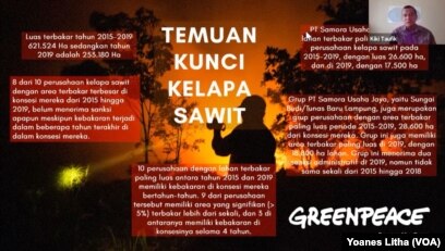 Kiki Taufik, Kepala Kampanye Hutan Global Greenpeace Asia Tenggara memaparkan temuan kunci kasus kebakaran lahan di areal perkebunan kelapa Sawit 2015-2019, 22 Oktober 2020. (Foto: VOA/Yoanes Litha)