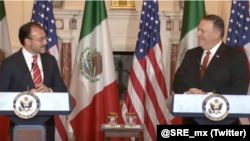 En la foto, el canciller mexicano Luis Videgaray (Izquierda) y el secretario del Departamento de Estado Mike Pompeo (Derecha) en rueda de prensa el lunes 7 de mayo de 2018. 