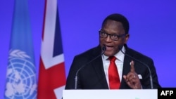 FILE - Malawi's President Lazarus Chakwera speaks at the World Leaders' Summit of the COP26 UN Climate Change Conference in Glasgow, Scotland, on Nov. 1, 2021. 
