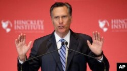 Mantan kandidat presiden AS pada pilpres tahun 2012, Mitt Romney berbicara di Universitas Utah, di kota Salt Lake City, Kamis (3/3). 