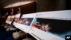 Facebook ads linked to a Russian effort to disrupt the American political process are displayed at a House Intelligence Committee hearing on Capitol Hill in Washington, Nov. 1, 2017.