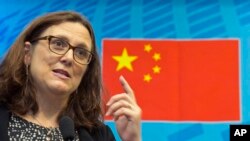 EU Trade Commissioner Cecilia Malmstrom speaks at the University of International Business and Economics in Beijing, China, July 11, 2016.