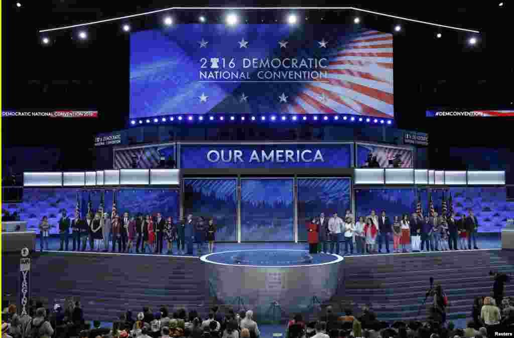 Congressional candidates that are running for office and being supported by the Democratic Congressional Campaign Committee appear onstage on the third day of the Democratic National Convention in Philadelphia, Pennsylvania, July 27, 2016.