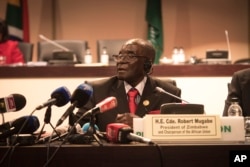 Zimbabwe president, and chair of the African Unity Summit, Robert Mugabe, addresses delegates at the end of the 25th AU Summit in Johannesburg, June 15, 2015.