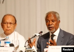 FILE - Kofi Annan, chairman for Advisory Commission on Rakhine State, talks to journalists during his news conference in Yangon, Myanmar, Aug. 24, 2017.
