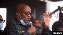 FILE - Former South African president Jacob Zuma speaks to supporters at his home in Nkandla, South Africa, July 4, 2021. 