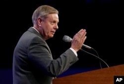 Sen. Lindsey Graham, R-S.C., speaks during the Iowa Republican Party's Lincoln Dinner, May 16, 2015, in Des Moines, Iowa.