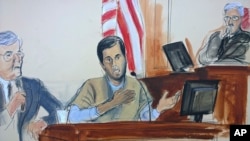 In this courtroom sketch, Turkish-Iranian gold trader Reza Zarrab, center, testifies before Judge Richard Berman, right, that he helped Iran evade U.S. economic sanctions with help from Turkish banker Mehmet Hakan Atilla, Nov. 29, 2017, in New York. At left is an interpreter.