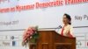 Myanmar's State Counselor Aung San Suu Kyi delivers an opening speech during the Forum on Myanmar Democratic Transition at Myanmar International Convention Center in Naypyitaw, Myanmar, Aug 11, 2017.