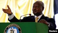 Le président ougandais Yoweri Kaguta Museveni donne un discours à Juba, Soudan du Sud, le 22 mai 2017