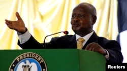 FILE - Ugandan President Yoweri Museveni delivers a speech in Juba, South Sudan, May 22, 2017.