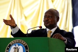 FILE - Ugandan President Yoweri Museveni delivers a speech in Juba, South Sudan, May 22, 2017.