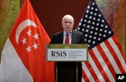 Sen. John McCain, R-Ariz., delivers his speech titled "America's Enduring Commitment to Security and Prosperity in Asia" at the S. Rajaratnam School of International Studies (RSIS) Distinguished Public Lecture Friday, June 3, 2016 in Singapore.
