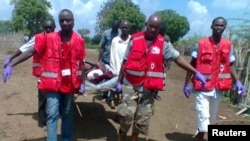 Des secouristes de la Croix-Rouge transportent un blessé après une attaque dans le Delta du Tana (21 déc. 2012)