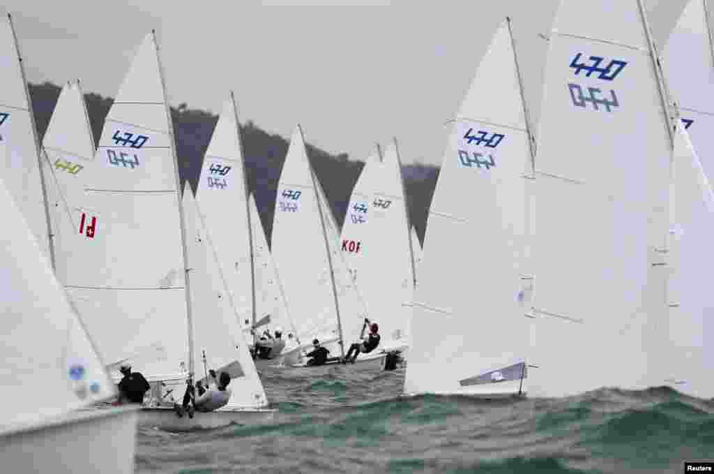 Various 470 sailing class teams training in Rio de Janeiro, Brazil.