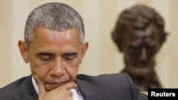 باراک اوباما در اتاق بیضی کاخ سفید، واشنگتن دی سی. ۲۱ مه ۲۰۱۵