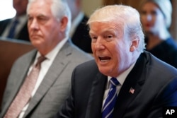 Secretary of State Rex Tillerson (L) listens as President Donald Trump announces that the United States will designate North Korea a state sponsor of terrorism, during a cabinet meeting at the White House, Nov. 20, 2017, in Washington.