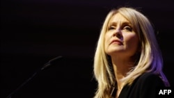 Conservative Party MP Esther McVey speaks at a political rally called "Lets Go WTO" hosted by pro-Brexit lobby group Leave Means Leave in London, Jan. 17, 2019.