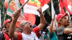 On Feb. 19, 2018, demonstrators protest pension reform proposed by then-President Michel Temer's government in Sao Paulo, Brazil.