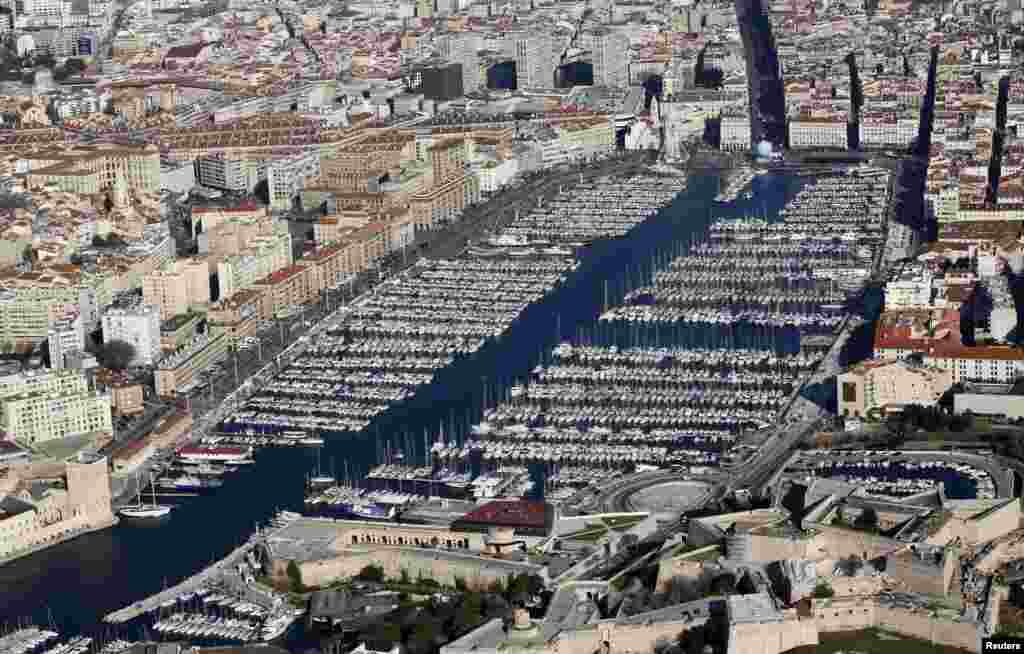 An aerial view shows boats moored in the Old Harbour of Marseille, France, Feb. 17, 2016.