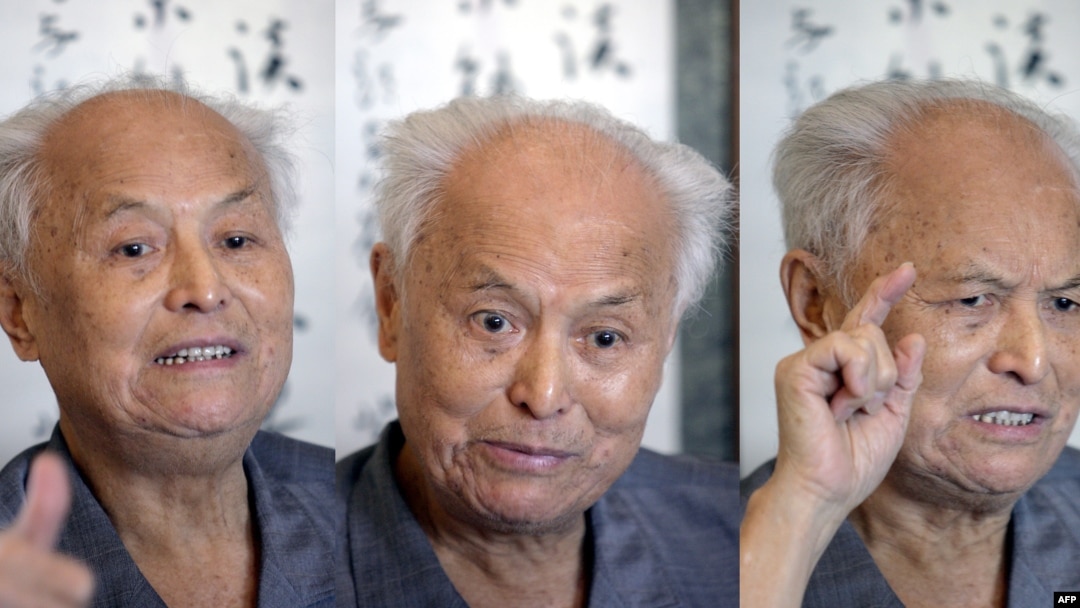 FILE - A combo photo shows Li Rui, a former secretary to communist China's founder Mao Zedong, talking about his former boss during an interview in Beijing, Sept. 5, 2006.