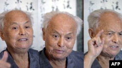 FILE - A combo photo shows Li Rui, a former secretary to communist China's founder Mao Zedong, talking about his former boss during an interview in Beijing, Sept. 5, 2006.