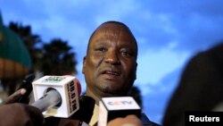 Head of the rebel delegation Taban Deng Gai, addresses journalists during South Sudan's negotiations in Ethiopia's capital Addis Ababa, Jan. 8, 2014. 