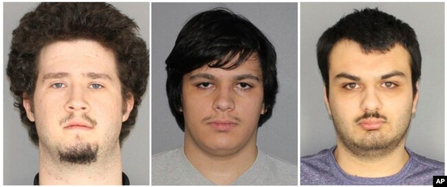 This combination of three Jan. 22, 2019, photos released by the Greece, N.Y., Police Department shows from left, Brian Colaneri, Andrew Crysel and Vincent Vetromile. Authorities said the three men, along with a 16-year old, were charged with plotting to attack a rural upstate New York Muslim community.