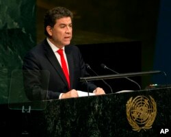 FILE - Gustavo Meza-Cuadra, Permanent Representative of Peru to the United Nations, addresses the 70th session of the United Nations General Assembly at U.N. headquarters, Oct. 2, 2015.