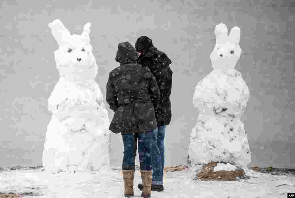 A man and a woman stand in front of two "snow hares" on the island Fehmarn, northern Germany.